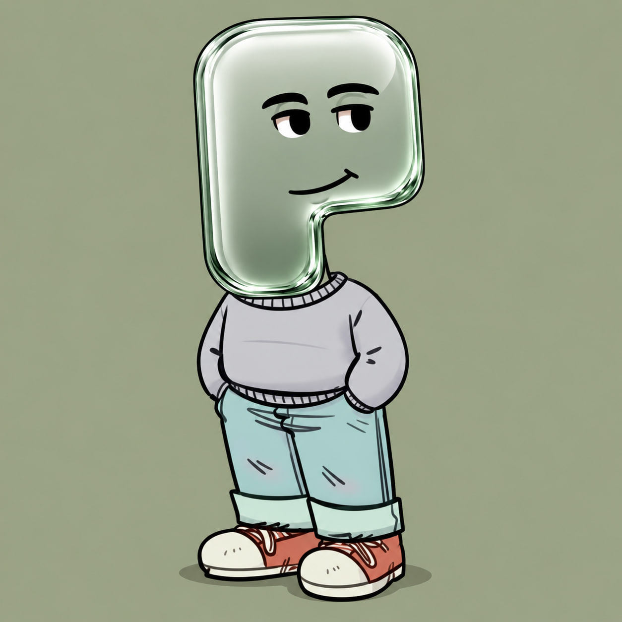 Pons standing calmly in his gray sweater, cuffed jeans and red sneakers